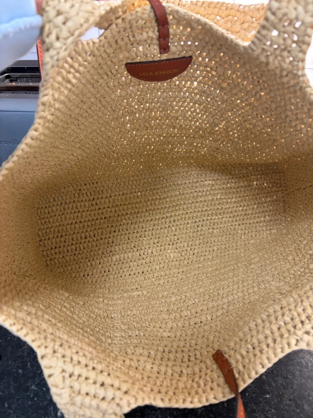 Ulla Johnson Woven Straw Tote with Brown Leather Pocket and Tassel - Picture 6 of 6